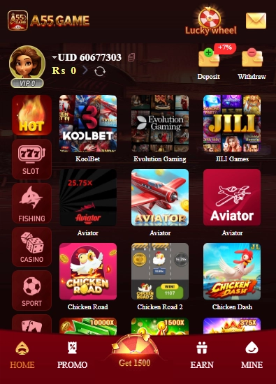 A55 Game app interface showing casino, slots, and Aviator games
