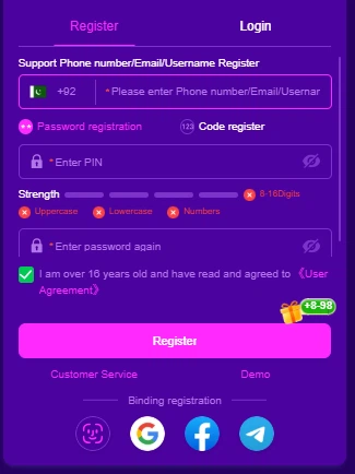 Khel92 Game login and register screen for new players in Pakistan
