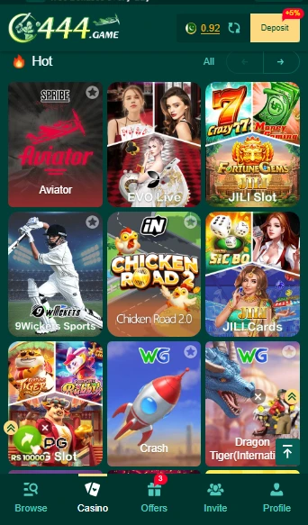 C444 Game lobby showing Aviator, JILI Slots, Chicken Road, and sports games