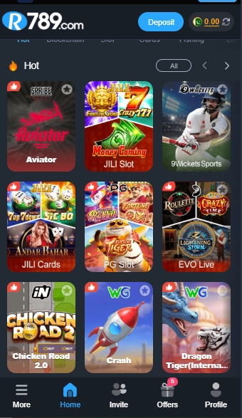R789 Game lobby showing popular casino and slot games