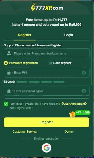777 XP Game login and registration screen – Easy account setup for Pakistani users