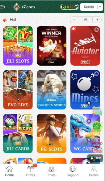 Z7 Game Lobby showing popular casino games, slots, and live tables