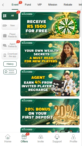 Z7 Game app interface showing welcome bonus, agent rewards, and deposit offers