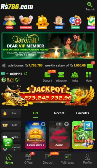 RS786 Game lobby showing hot slots, bonus banners, and popular casino games in 2025