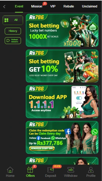 RS786 Game bonus images – Invite & Earn, Deposit Bonus, and daily rewards 2025