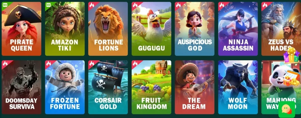 Pk36 Game slots lobby featuring Pirate Queen, Amazon Tiki, Fortune Lions, and more