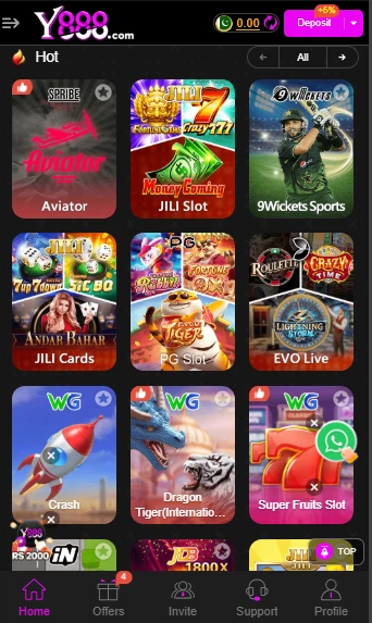 Y888 Game lobby showing casino, slots, and live betting games in Pakistan