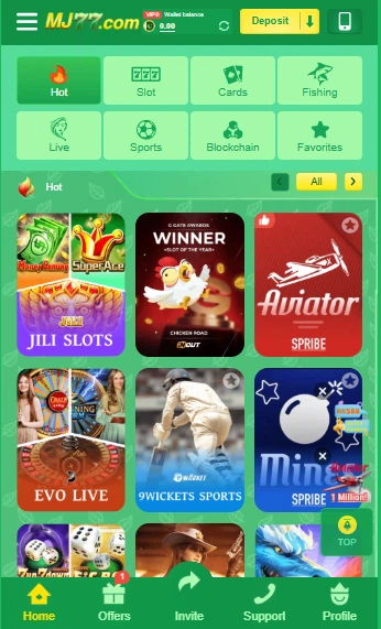 MJ 77 Game lobby showing multiple betting options, colorful graphics, and live results interface.