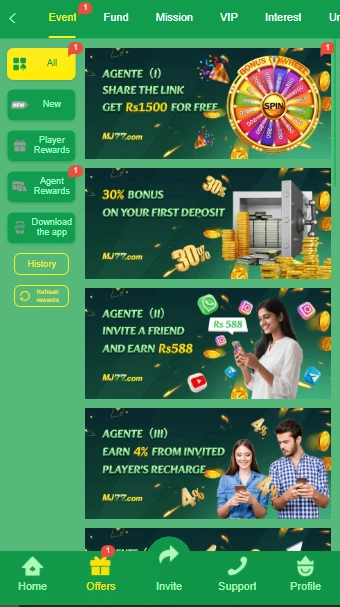 MJ 77 Game bonus screen showing welcome, daily login, and referral rewards for new and existing players.