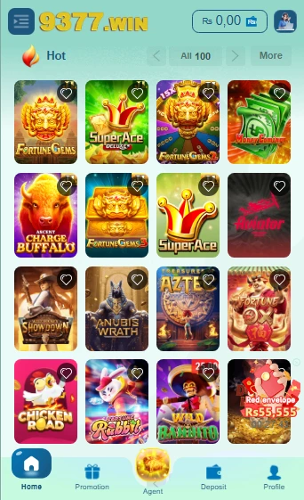 9377Win Game app interface showing popular casino and slot games like Fortune Gems, Super Ace, Aviator, and Chicken Road