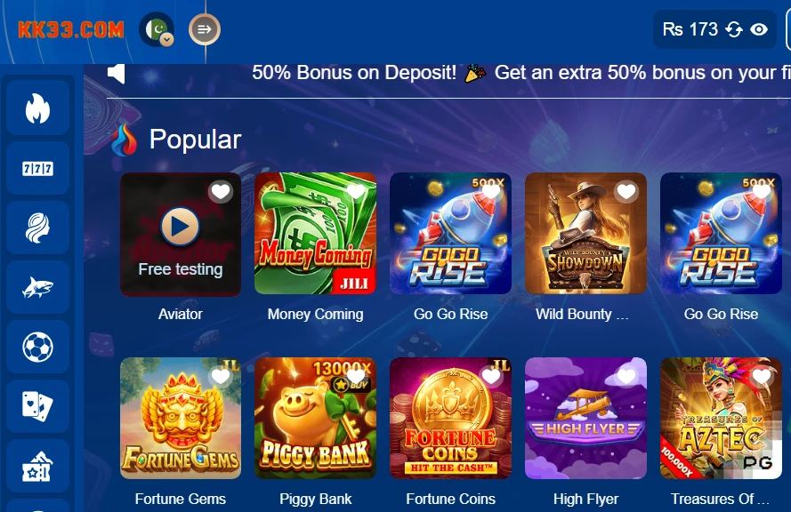 KK33 Game app homepage showing popular online casino and earning games in Pakistan