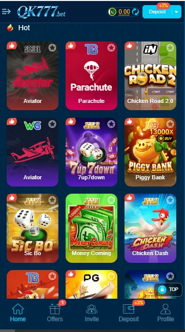 QK777 Game lobby featuring popular games like Aviator QK777, Tup7Down, Teen Patti, and Poker in Pakistan