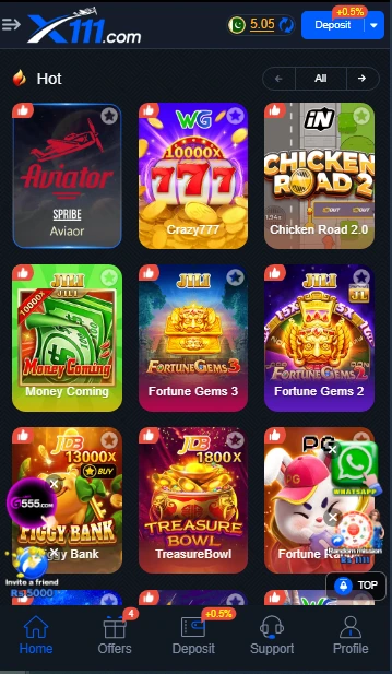 X111 Game lobby showing all popular games like Aviator X111, Money Coming X111, Poker, Roulette, Teen Patti