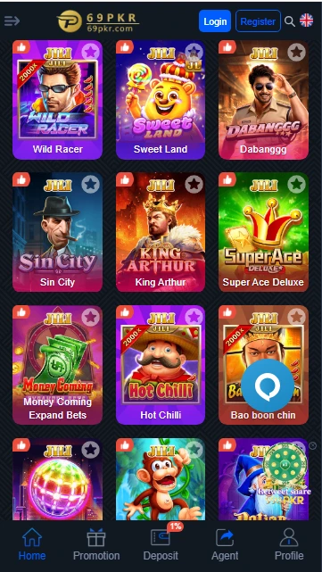 69PKR Game lobby showing popular card and casino games