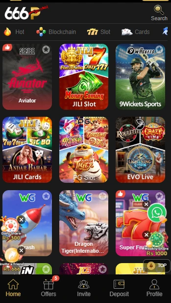 666P Game lobby screenshot showing Teen Patti, Andar Bahar, Crash, Aviator and more games