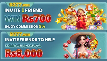 9377Win Game invite and earn bonus banners showing Rs700 and Rs8,000 rewards for referrals