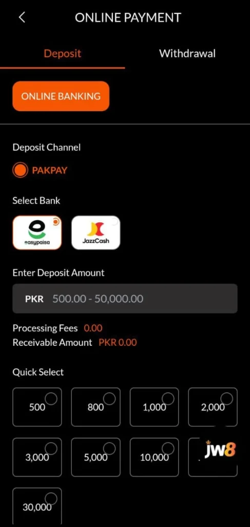 JW8 game account creation screen showing username and mobile registration options, password fields, and referral code input, with a checkbox confirming age and terms agreement.