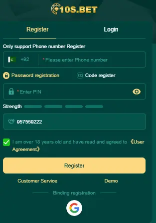 10S Game mobile registration form with PIN and referral code