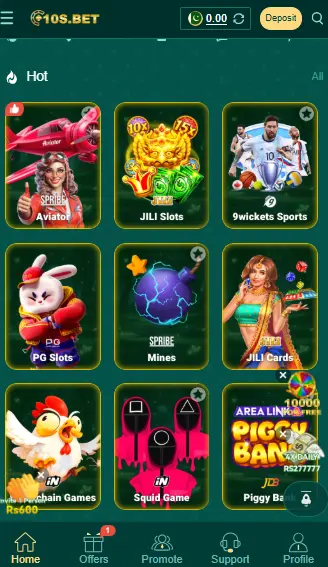 10S Game main lobby featuring Aviator, JILI Slots, 9wickets Sports, PG Slots, and more