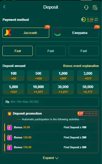 10S platform Game deposit options with JazzCash, Easypaisa, and bonus rewards for deposits