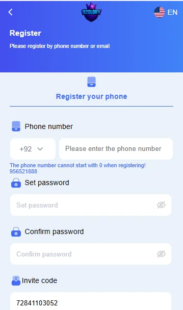 92 Glory Game Register Account Pakistan