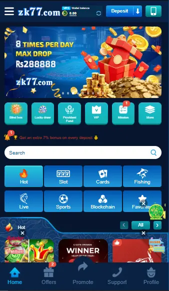 ZK77 Game main menu showing Aviator, Teen Patti, Wingo, and slot games in Pakistan