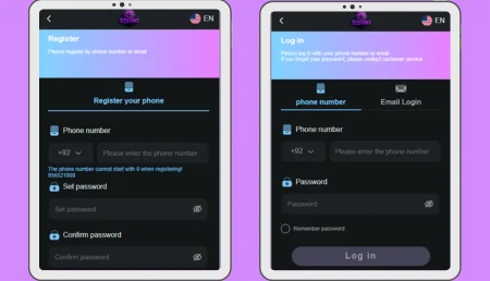 Screenshot of a mobile app interface displaying two side-by-side screens: a "Register" screen on the left asking for phone number, password, and password confirmation, and a "Log in" screen on the right asking for phone number and password, both with a purple and black color scheme.
