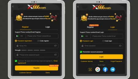 X666 Game registration and login interface supporting phone, email, and social accounts