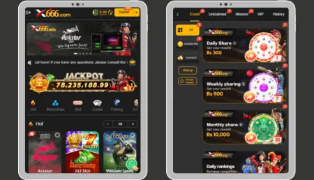 X666 Game home screen featuring jackpot, popular games, and daily reward system