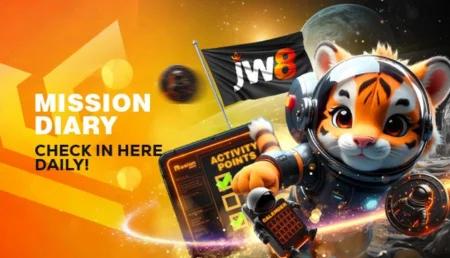 Cute cartoon tiger astronaut holding a tablet, standing next to a mission log with a flag labeled "jw8" and the text "Mission Diary - Check in here daily!" on a vibrant orange and space-themed background.