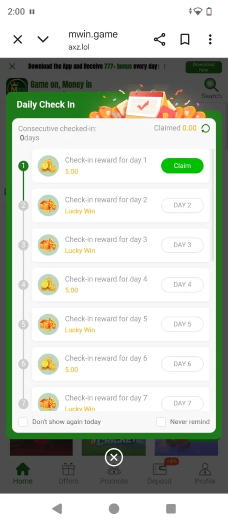 MWin Game daily checkin image